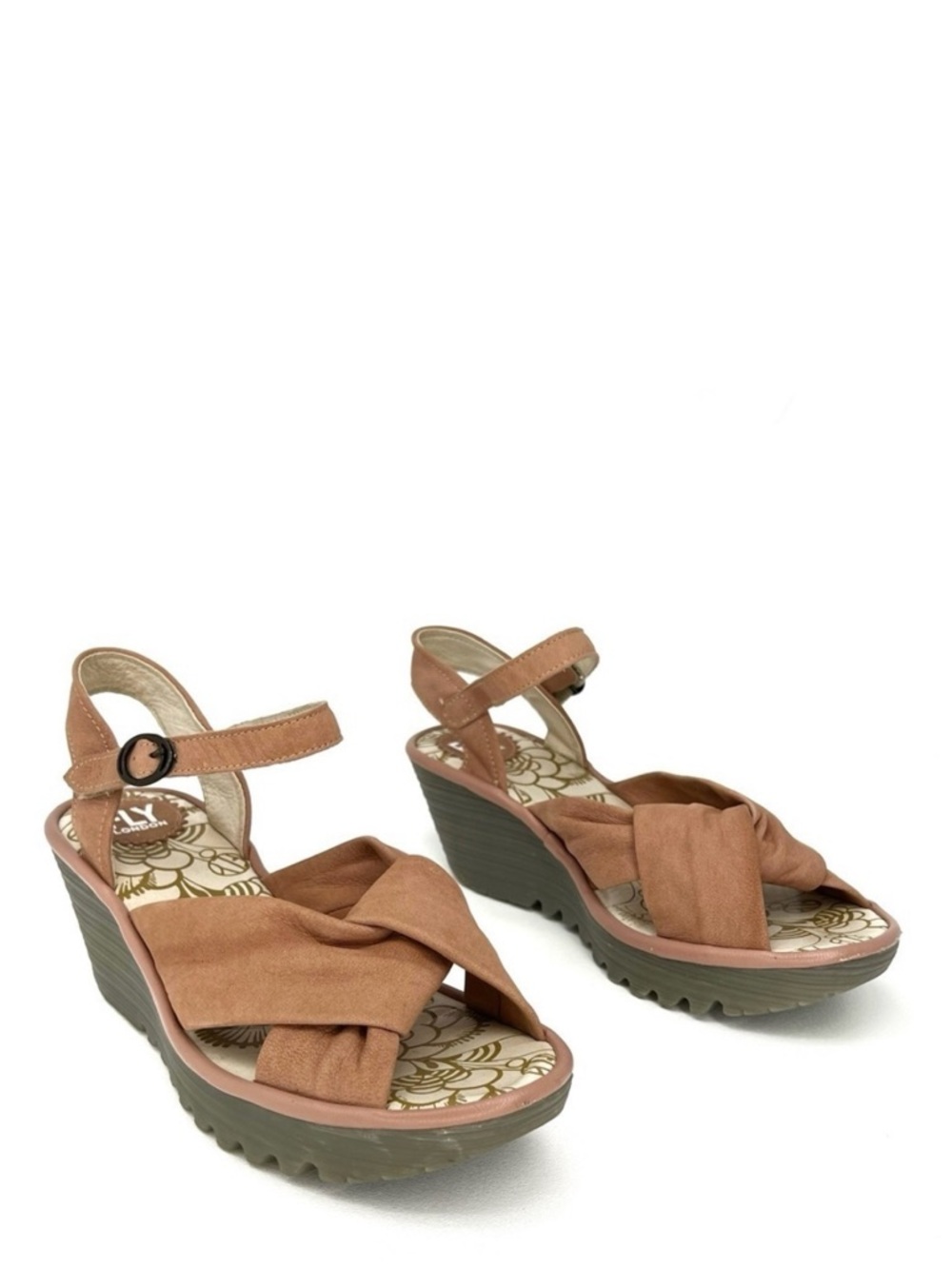 Fly London Yesh Wedge Sandals Knotted Strap Pink Mauve Nubuck Leather Size 9-9.5